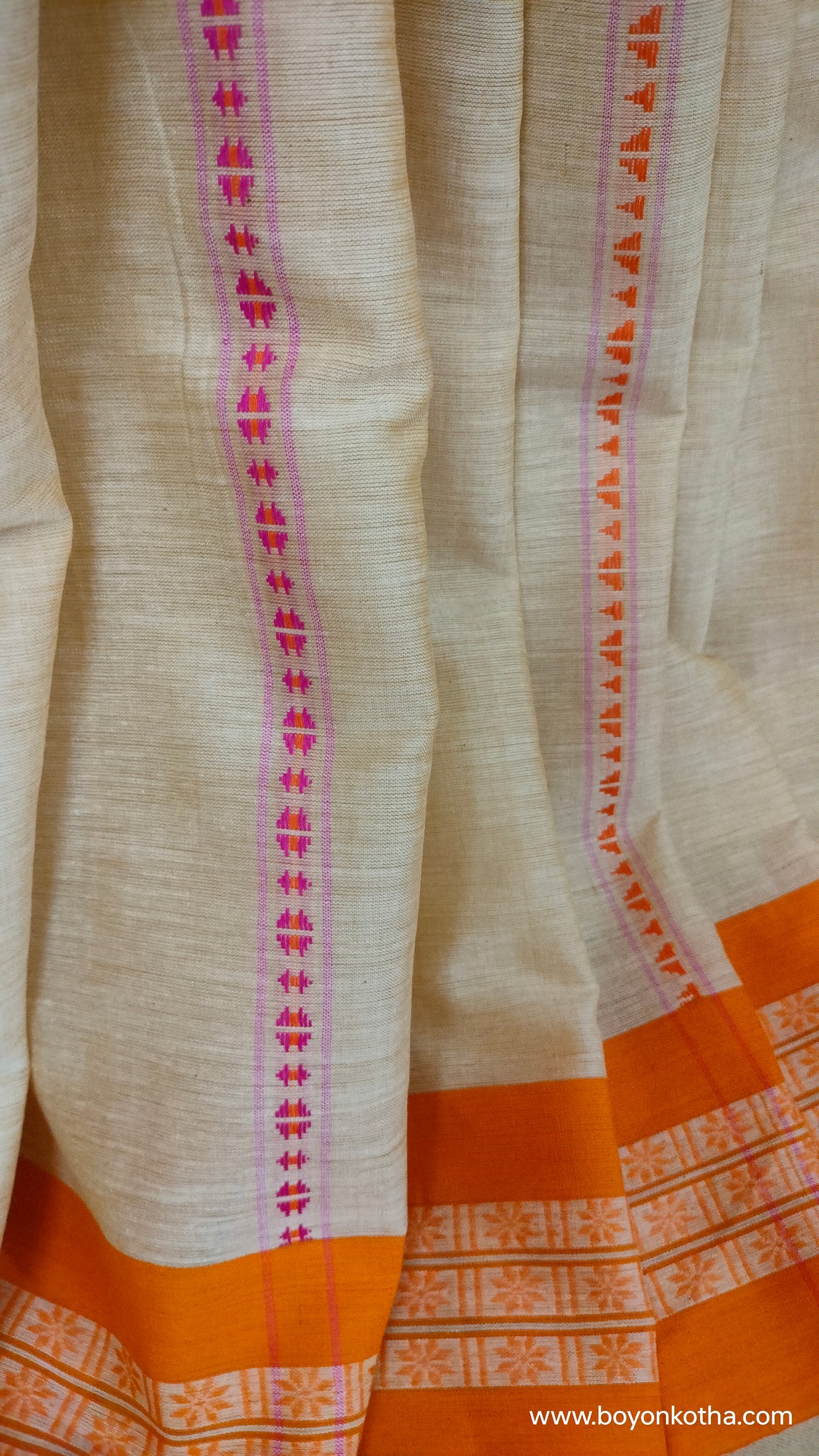 Candy Bloom in Threads - Beige Dhonekhali Handloom Cotton Saree with Pink & Orange Stripes