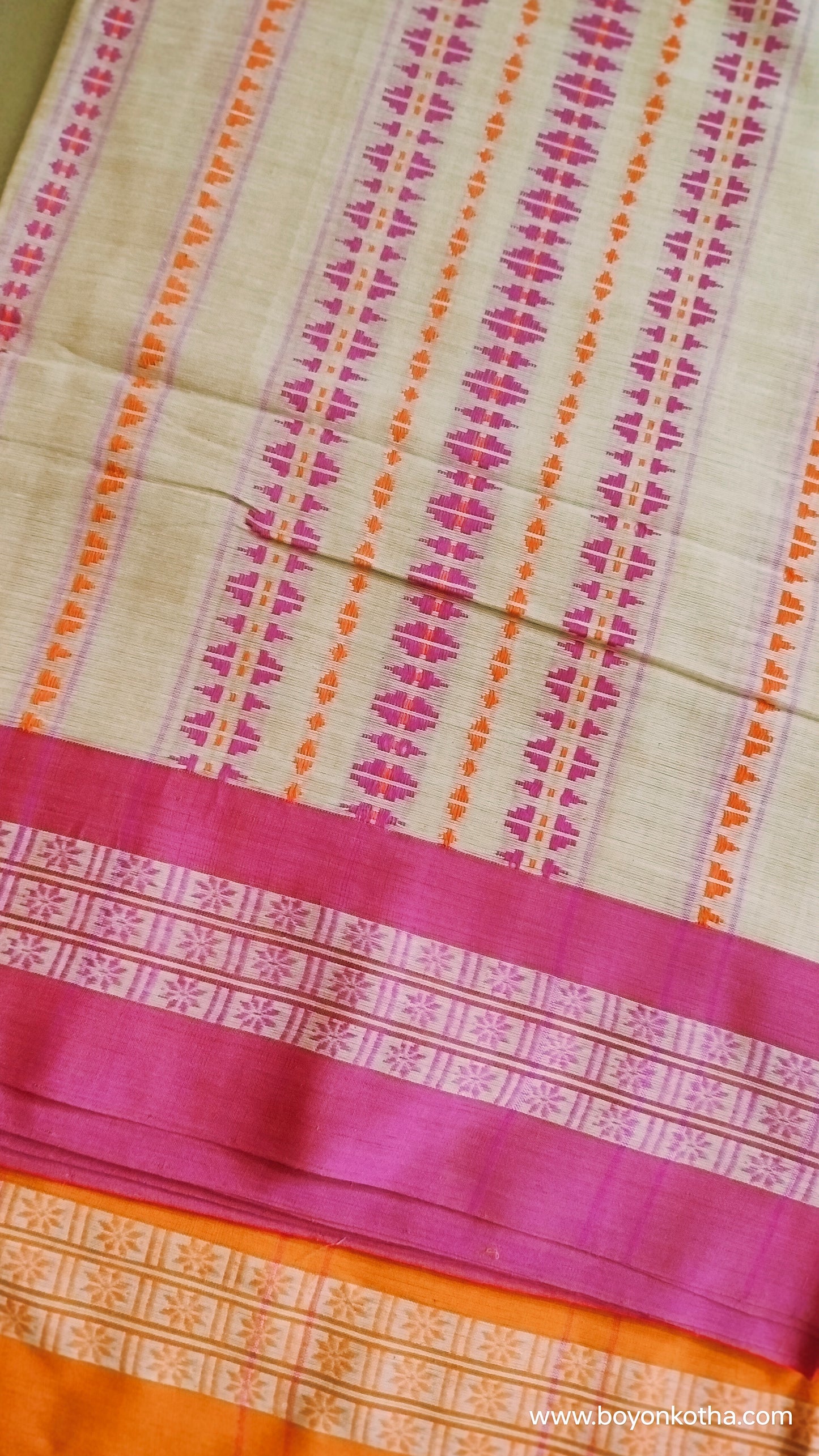 Candy Bloom in Threads - Beige Dhonekhali Handloom Cotton Saree with Pink & Orange Stripes