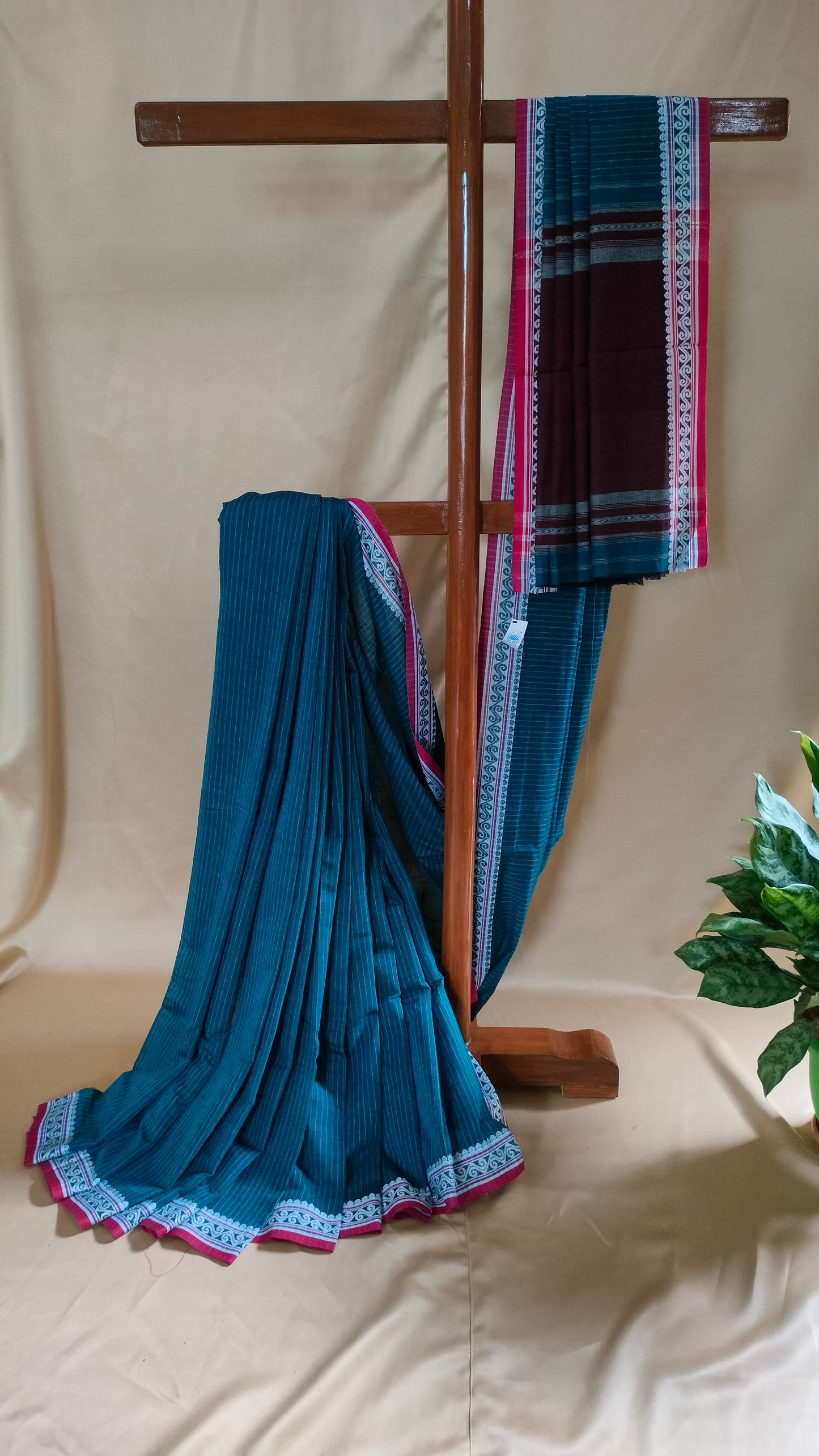 Blue Whisper - Blue Dhonekhali Handloom Cotton Saree with Maroon Pallu & Red and White Ornamental Border