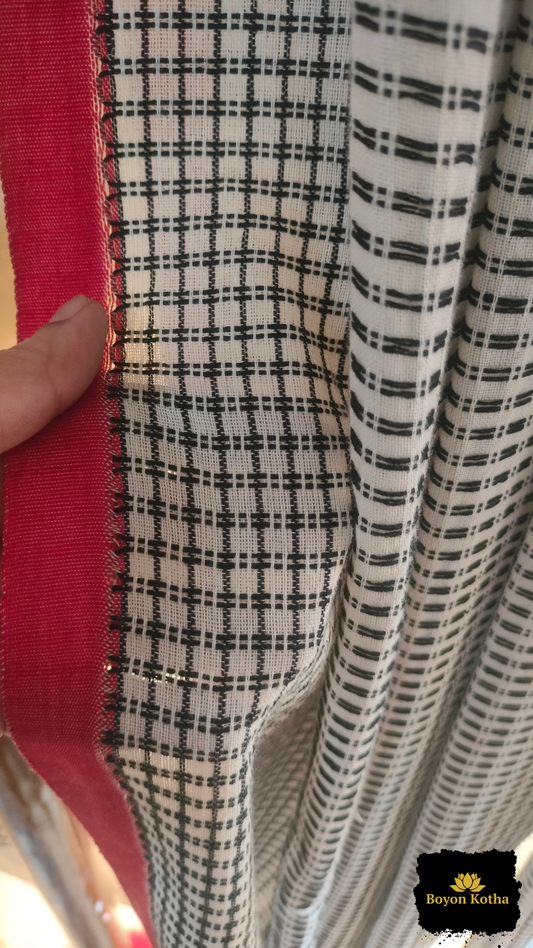 Shubhra Noor - White Handwoven Mercerized Cotton Saree with Black Woven Checks