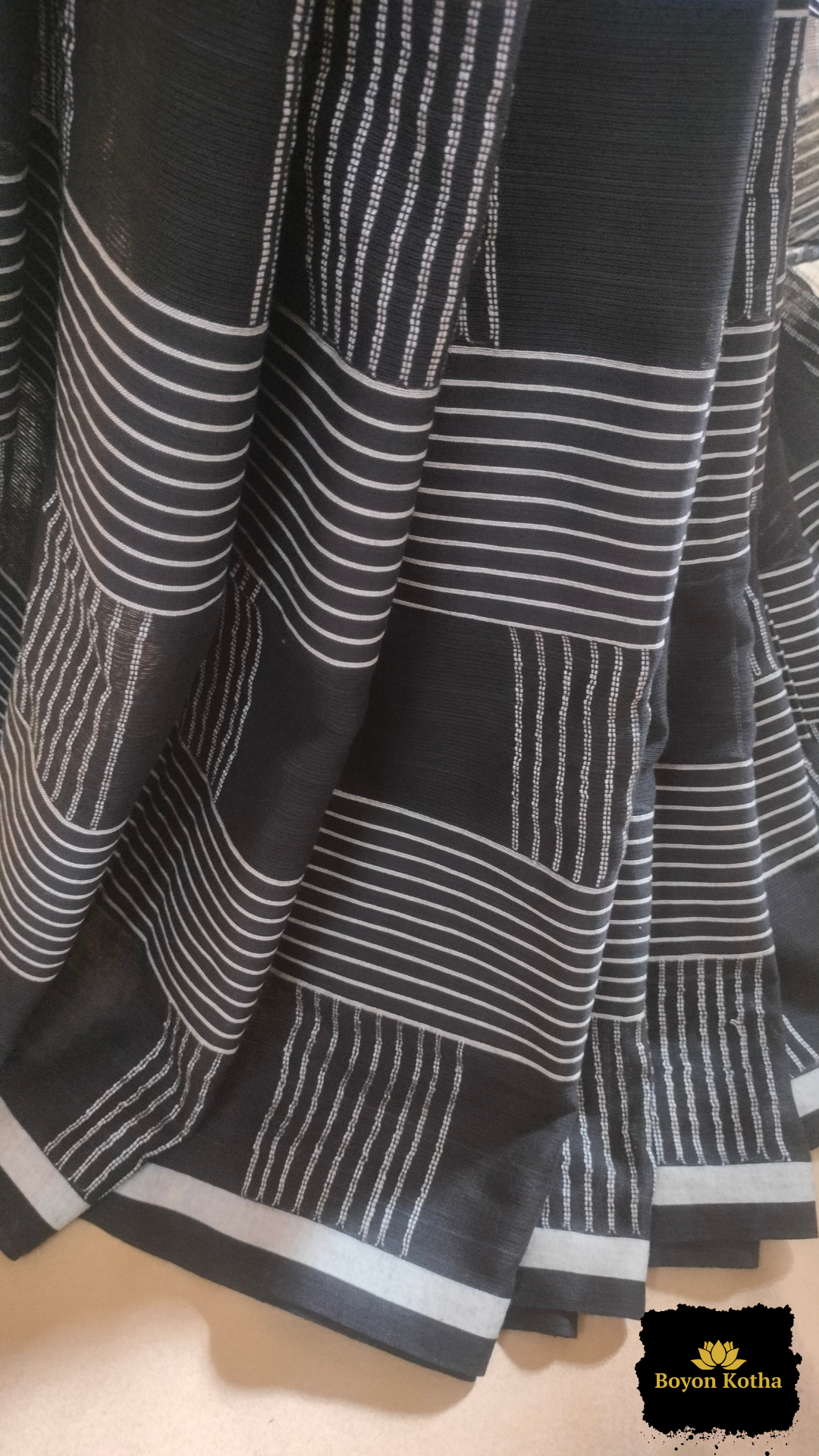 Nishir Jaal - Black Handwoven Mercerized Cotton Saree with White Woven Stripes