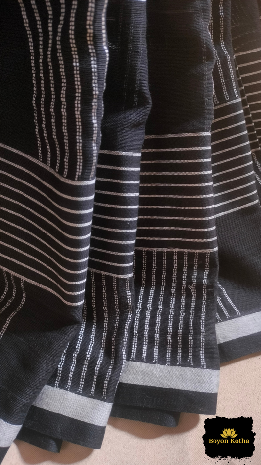 Nishir Jaal - Black Handwoven Mercerized Cotton Saree with White Woven Stripes