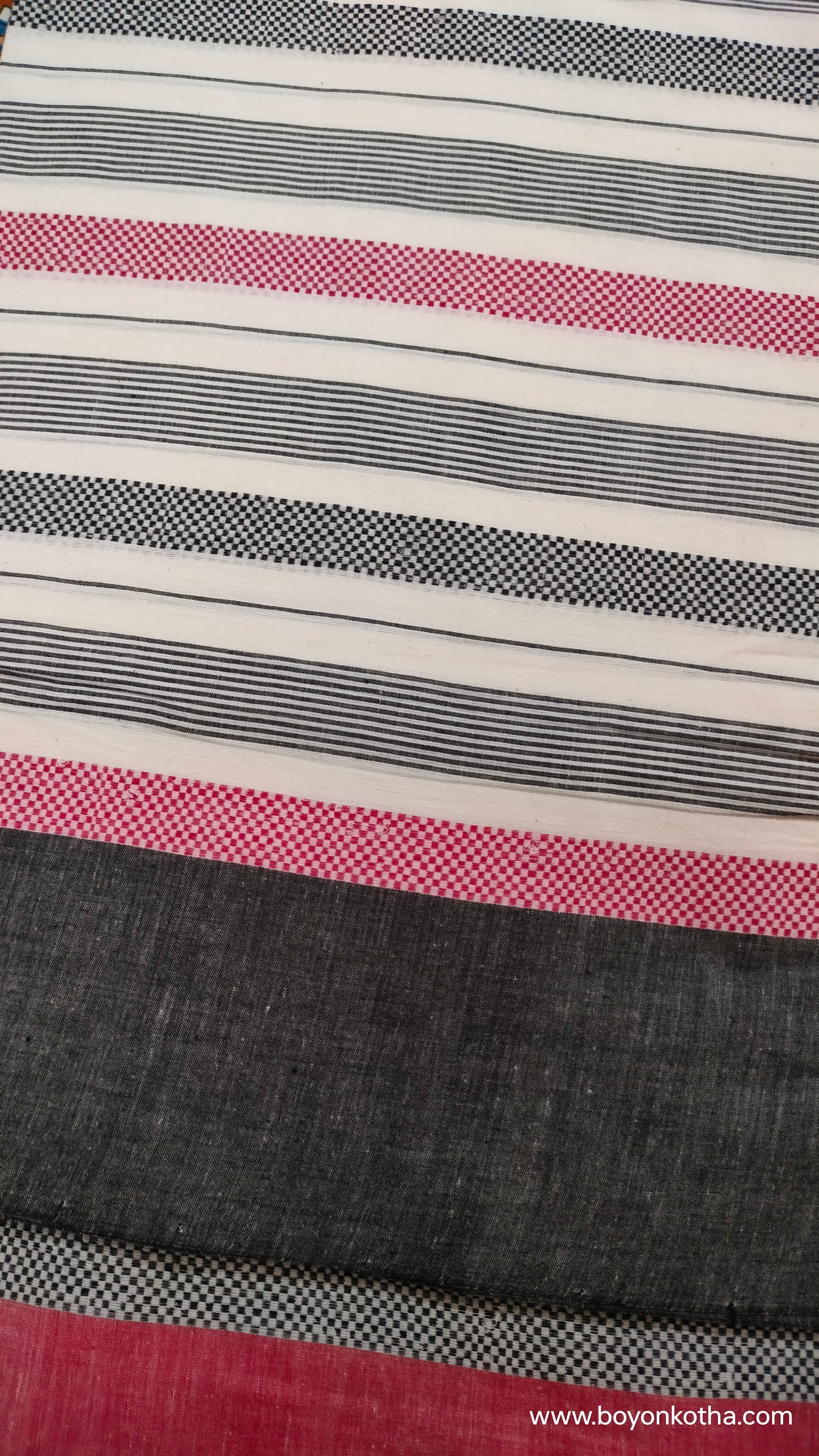 Eternal Contrast – White Dhonekhali Handloom Cotton Saree with Red and Black Woven Stripes
