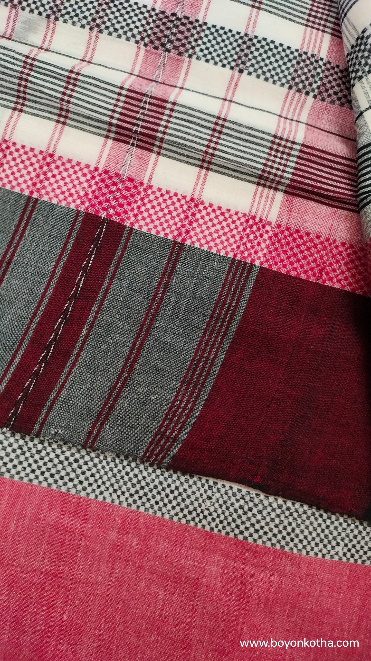 Eternal Contrast – White Dhonekhali Handloom Cotton Saree with Red and Black Woven Stripes