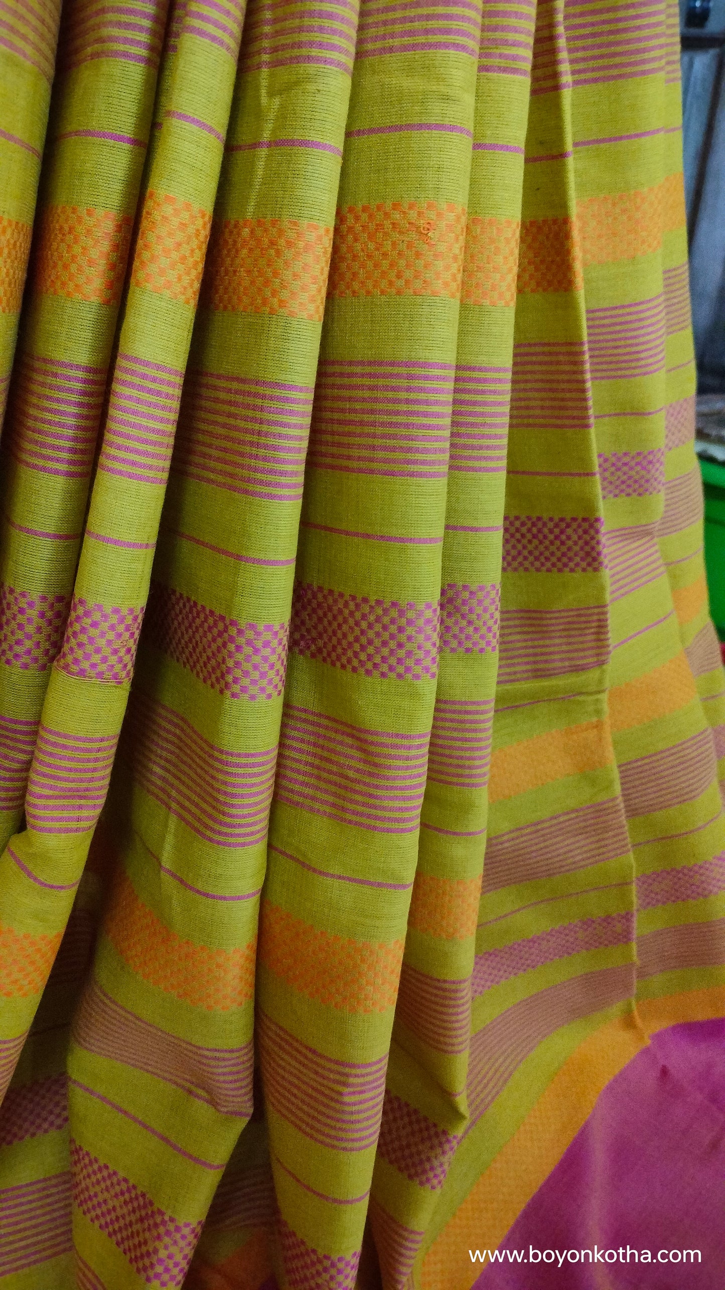 Threads of Sunset - Neon Green Dhonekhali Handloom Cotton Saree with Pink and Yellow Woven Stripes