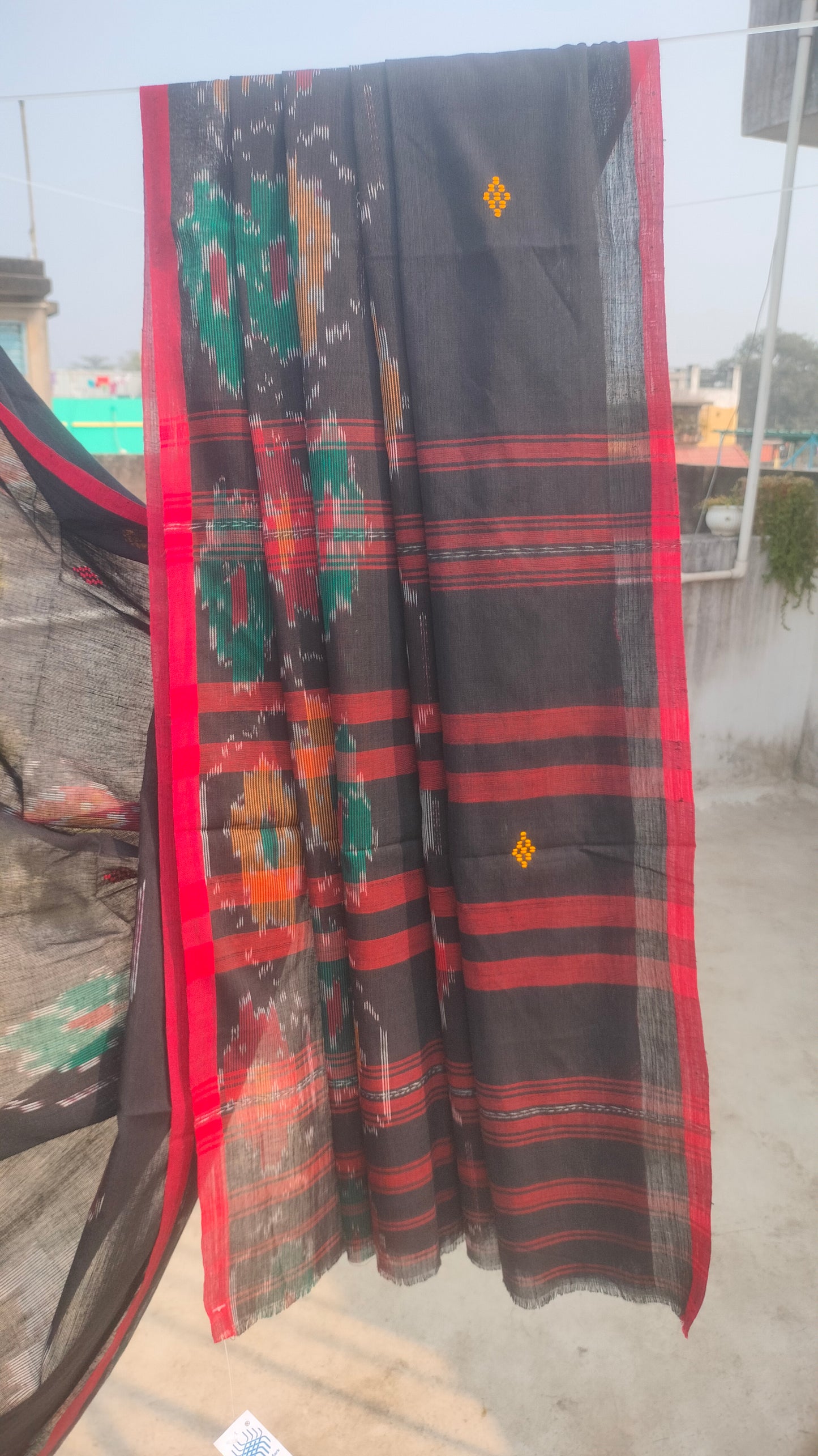 Black handloom saree, Dhonekhali cotton with ikat accents