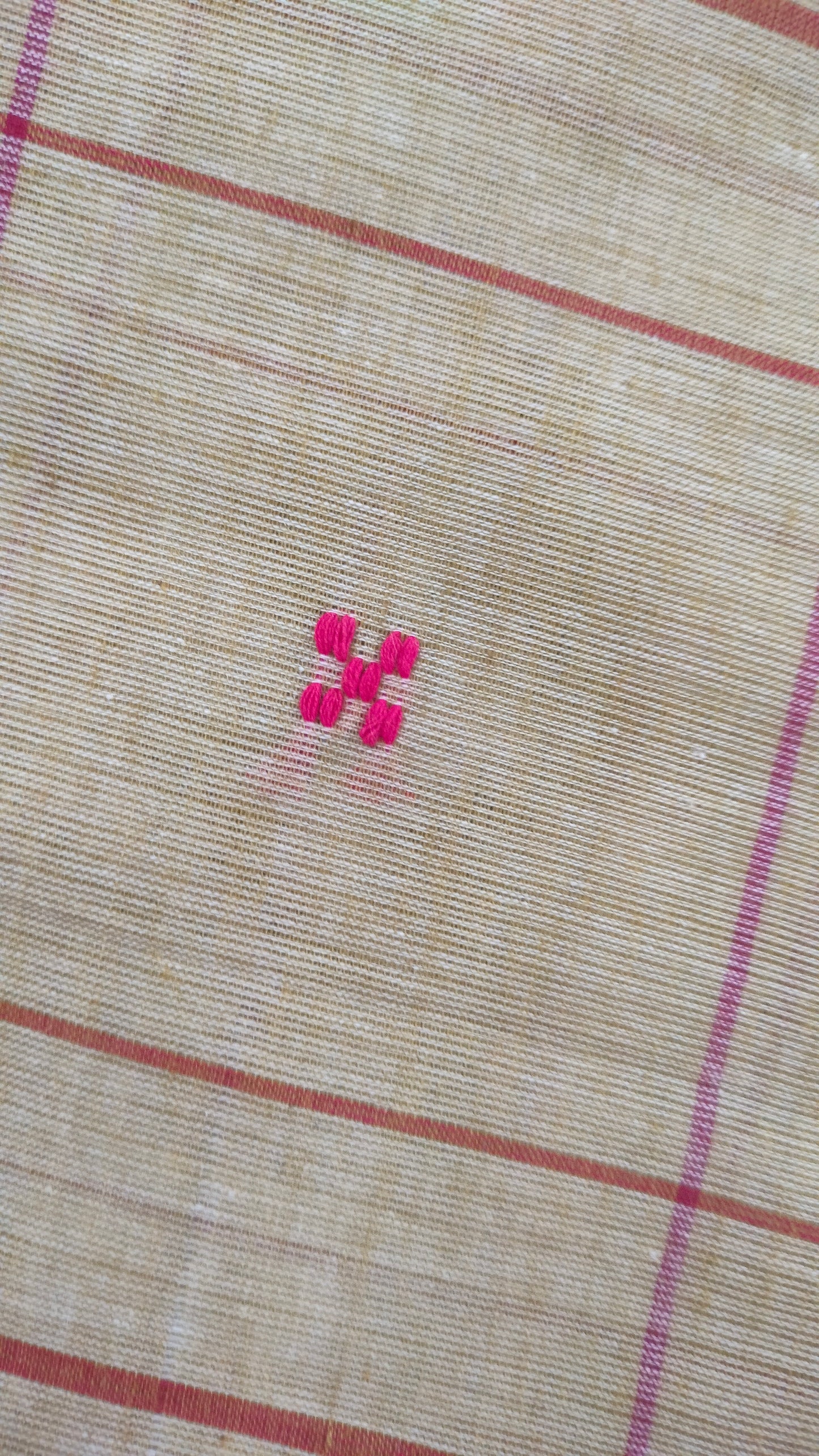 Close-up of Beige and red Dhonekhali handloom cotton saree with woven red stripes and motifs throughout the saree. Bengal handloom cotton.