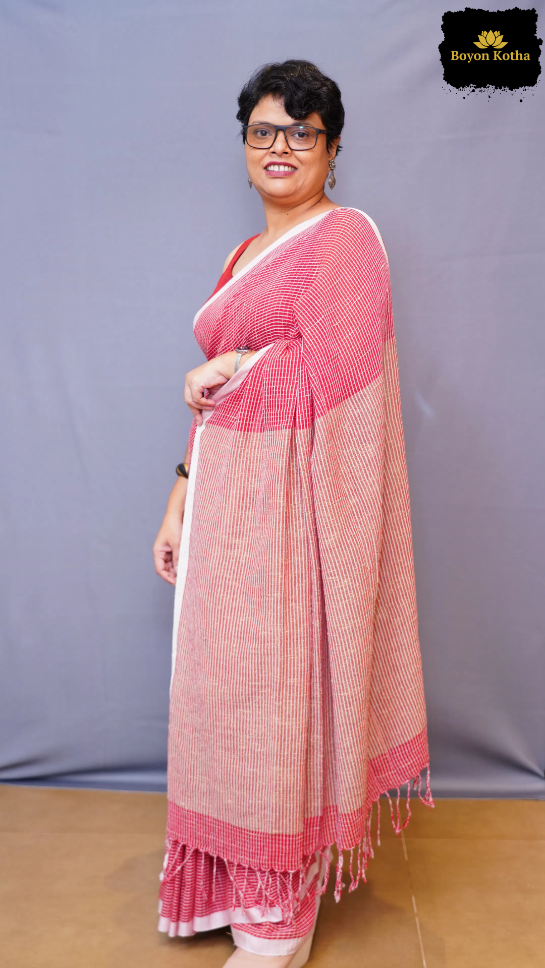 Ranga Sutra -  Red Handwoven Mercerized Cotton Saree with Woven White Stripes