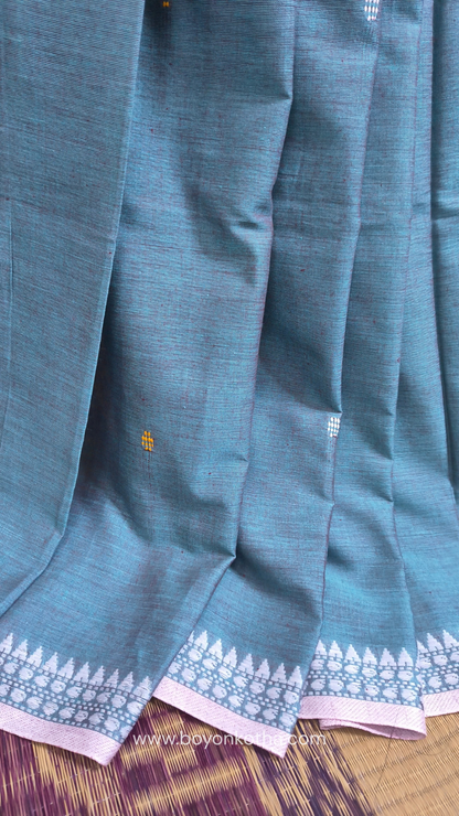 Greyish blue Dhonekhali handloom cotton saree with sky blue & yellow stripes in the pallu & dual border white & yellow, Ideal for office wear, casual gathering.