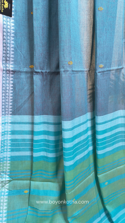 Greyish blue Dhonekhali handloom cotton saree with sky blue & yellow stripes in the pallu & dual border white & yellow, Ideal for office wear, casual gathering.