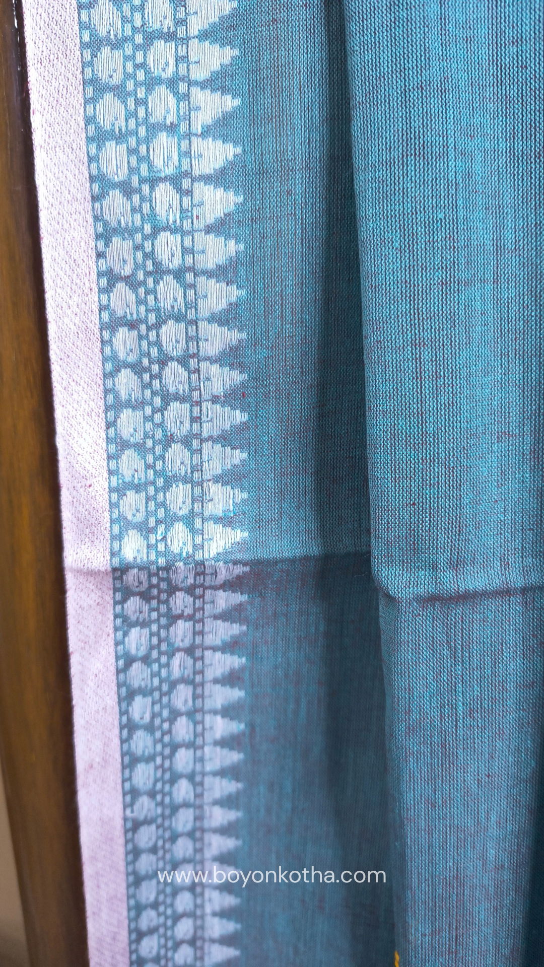 Greyish blue Dhonekhali handloom cotton saree with sky blue & yellow stripes in the pallu & dual border white & yellow, Ideal for office wear, casual gathering.