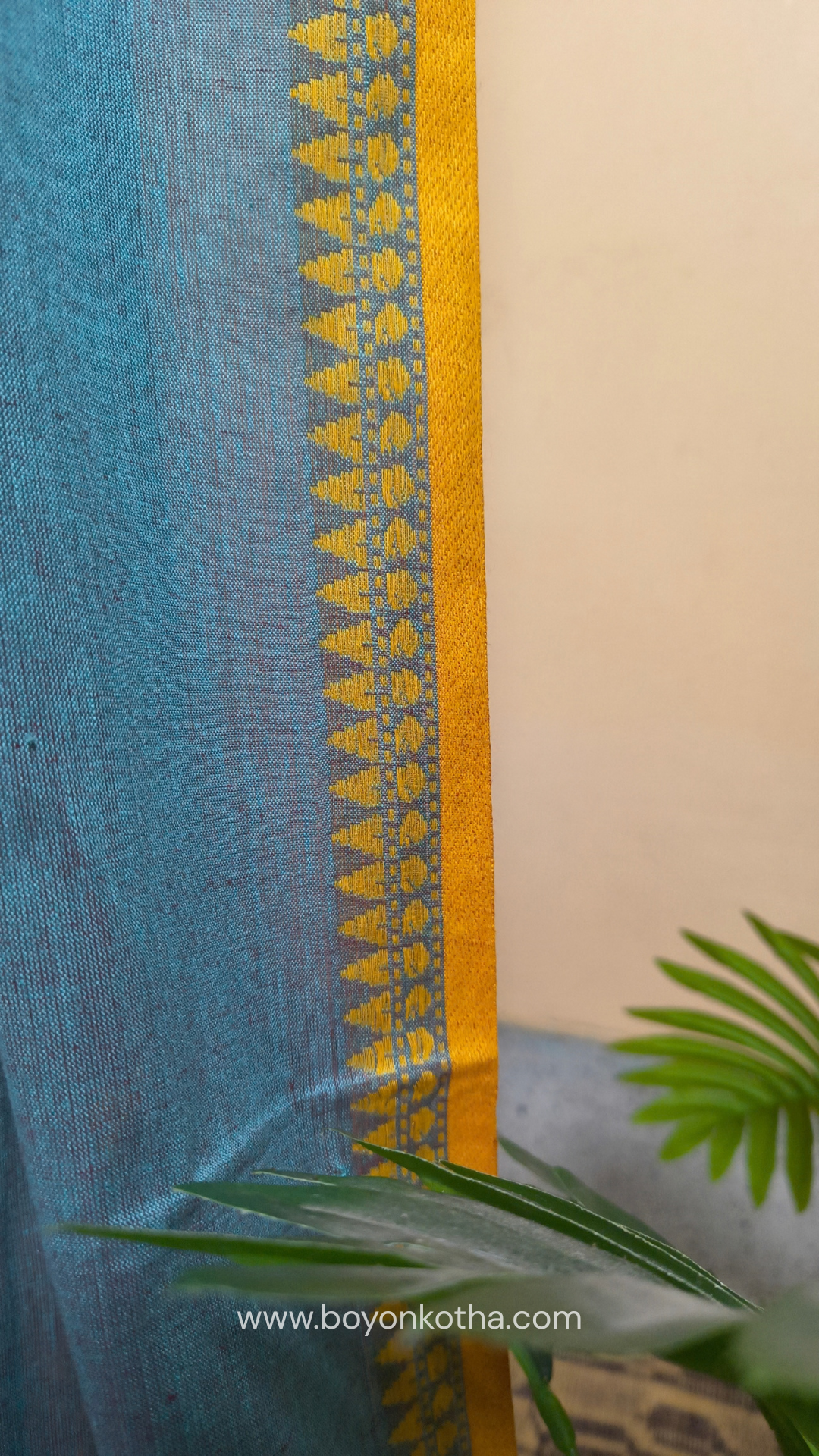 Greyish blue Dhonekhali handloom cotton saree with sky blue & yellow stripes in the pallu & dual border white & yellow, Ideal for office wear, casual gathering.
