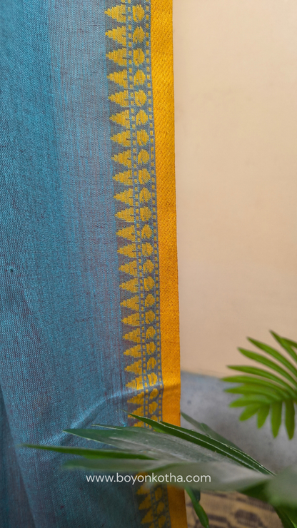 Greyish blue Dhonekhali handloom cotton saree with sky blue & yellow stripes in the pallu & dual border white & yellow, Ideal for office wear, casual gathering.