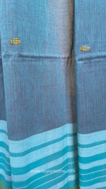 Greyish blue Dhonekhali handloom cotton saree with sky blue & yellow stripes in the pallu & dual border white & yellow, Ideal for office wear, casual gathering.