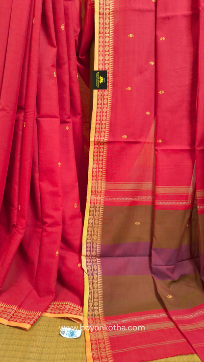 Tomato red Dhonekhali handloom cotton saree with beige border and butas in the saree, Ideal for office wear, casual gathering.