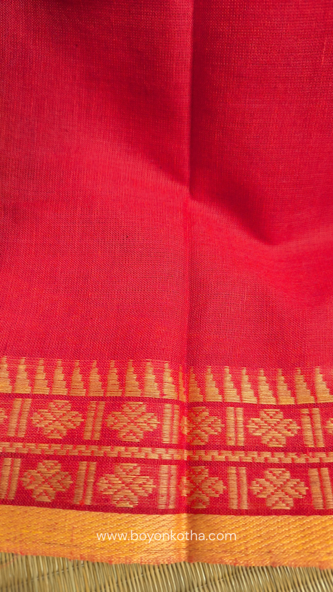 Tomato red Dhonekhali handloom cotton saree with beige border and butas in the saree, Ideal for office wear, casual gathering.