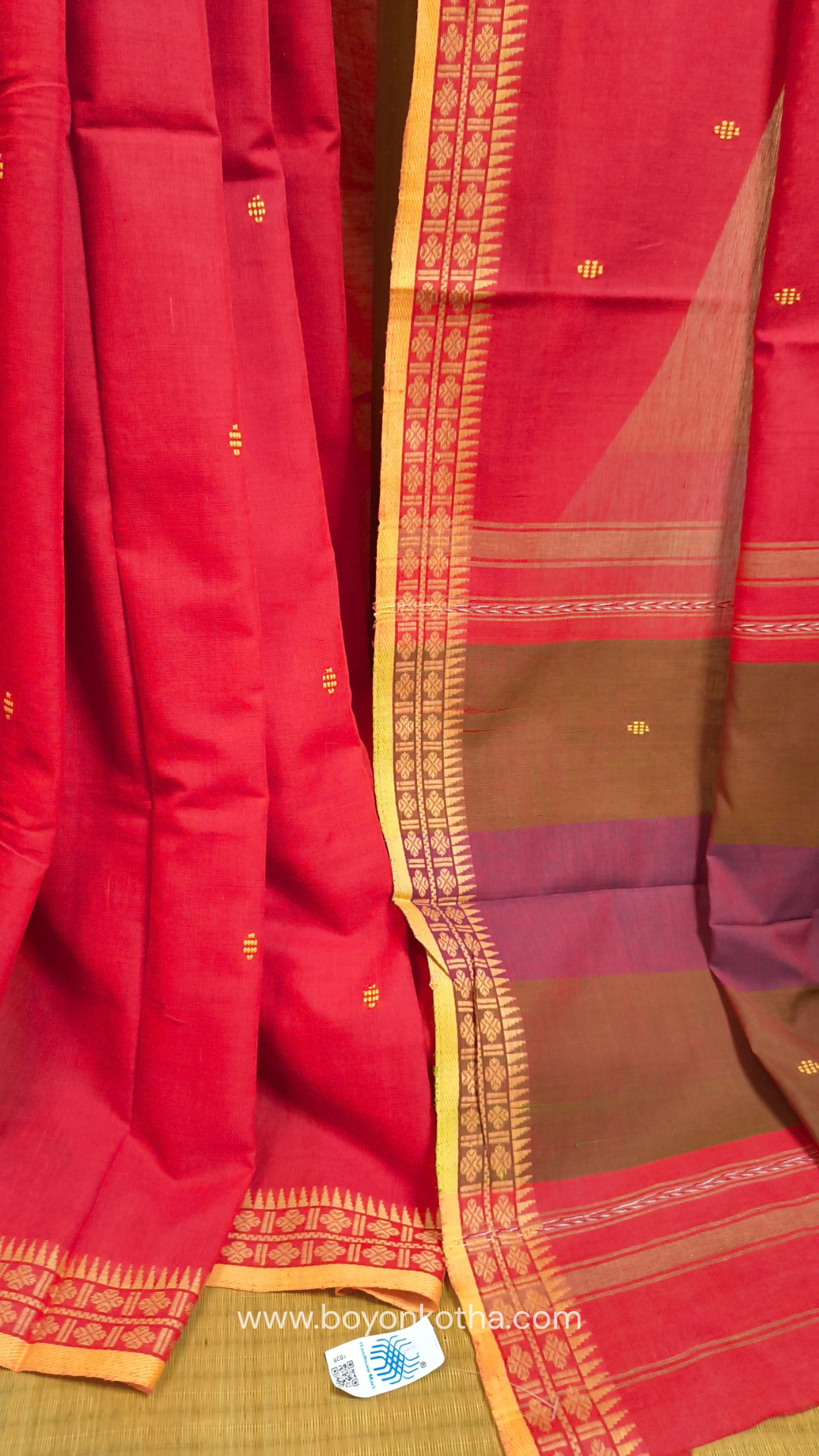 Tomato red Dhonekhali handloom cotton saree with beige border and butas in the saree, Ideal for office wear, casual gathering.