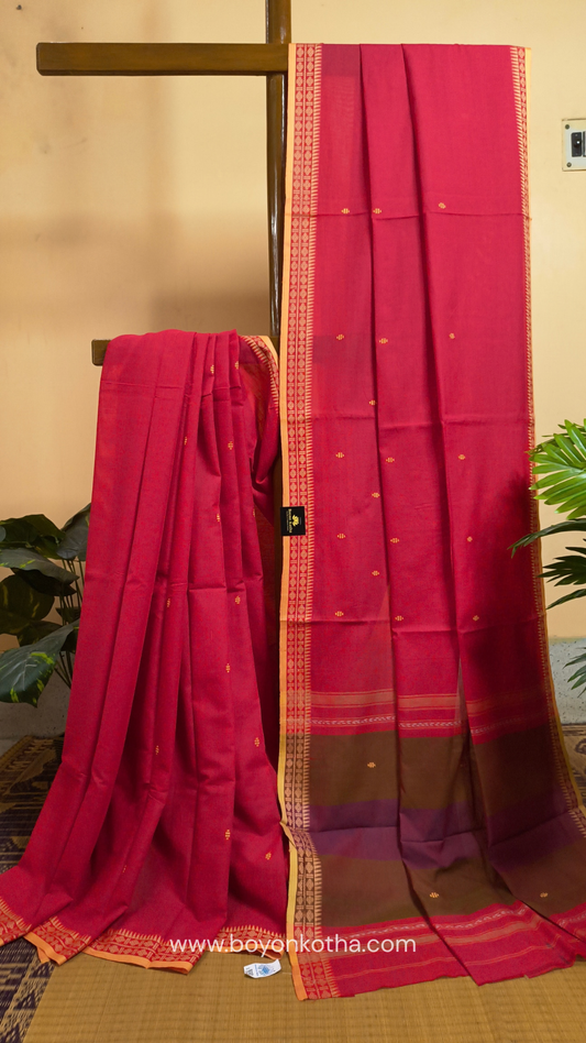 Tomato red Dhonekhali handloom cotton saree with beige border and butas in the saree, Ideal for office wear, casual gathering.