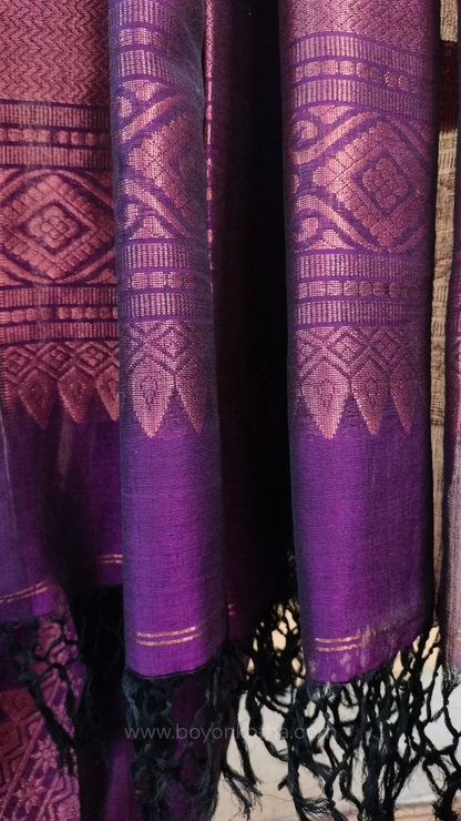 Purple saree, mercerized cotton saree, with copper zari work, Bengal handloom