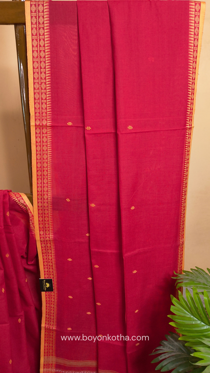 Tomato red Dhonekhali handloom cotton saree with beige border and butas in the saree, Ideal for office wear, casual gathering.