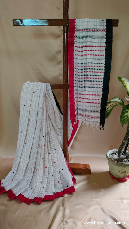 Dots and Grids - Red and White Bengal Handloom Cotton Saree