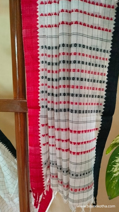 Dots and Grids - Red and White Bengal Handloom Cotton Saree