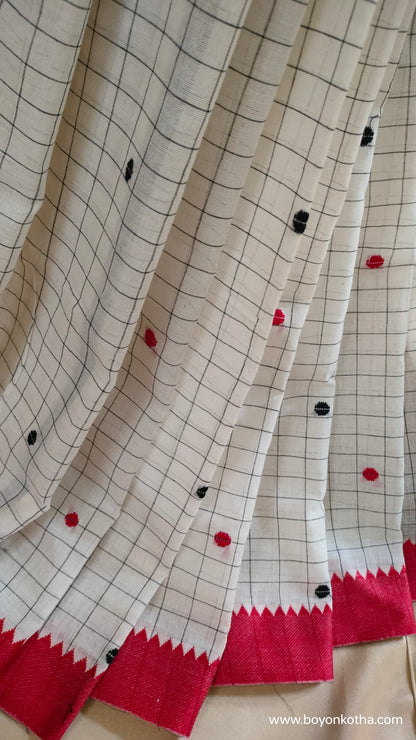 Dots and Grids - Red and White Bengal Handloom Cotton Saree