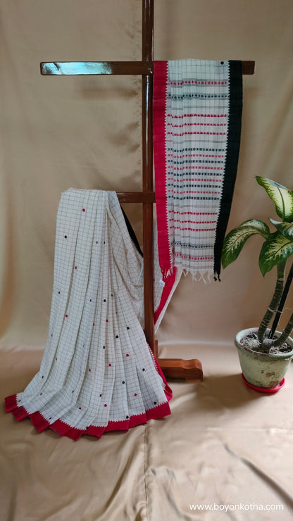 Dots and Grids - Red and White Bengal Handloom Cotton Saree