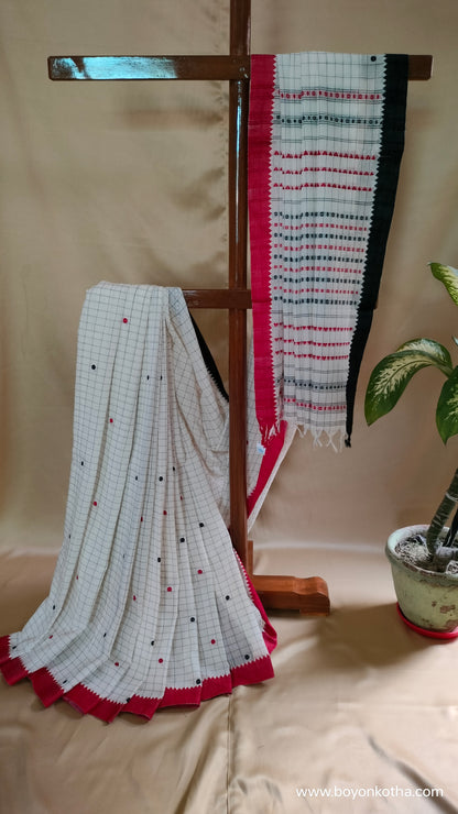 Dots and Grids - Red and White Bengal Handloom Cotton Saree