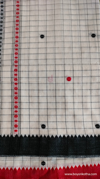 Dots and Grids - Red and White Bengal Handloom Cotton Saree