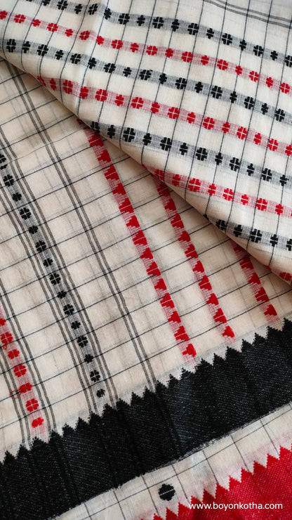 Dots and Grids - Red and White Bengal Handloom Cotton Saree