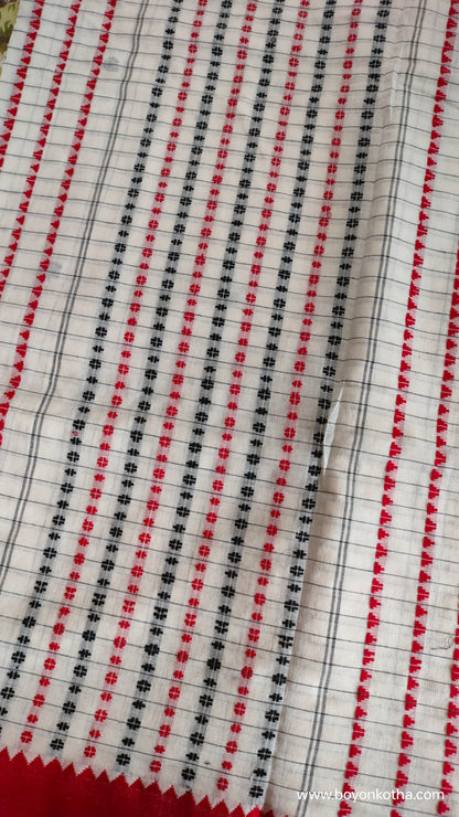 Dots and Grids - Red and White Bengal Handloom Cotton Saree