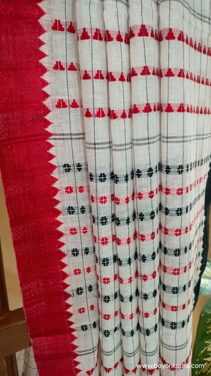 Dots and Grids - Red and White Bengal Handloom Cotton Saree