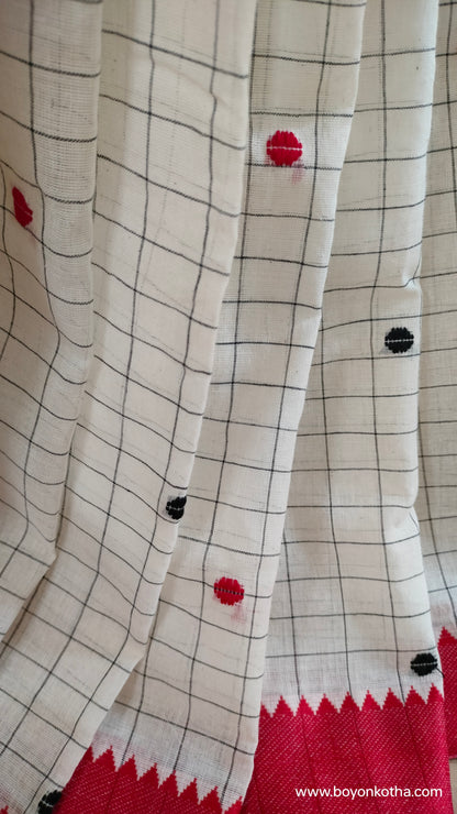 Dots and Grids - Red and White Bengal Handloom Cotton Saree