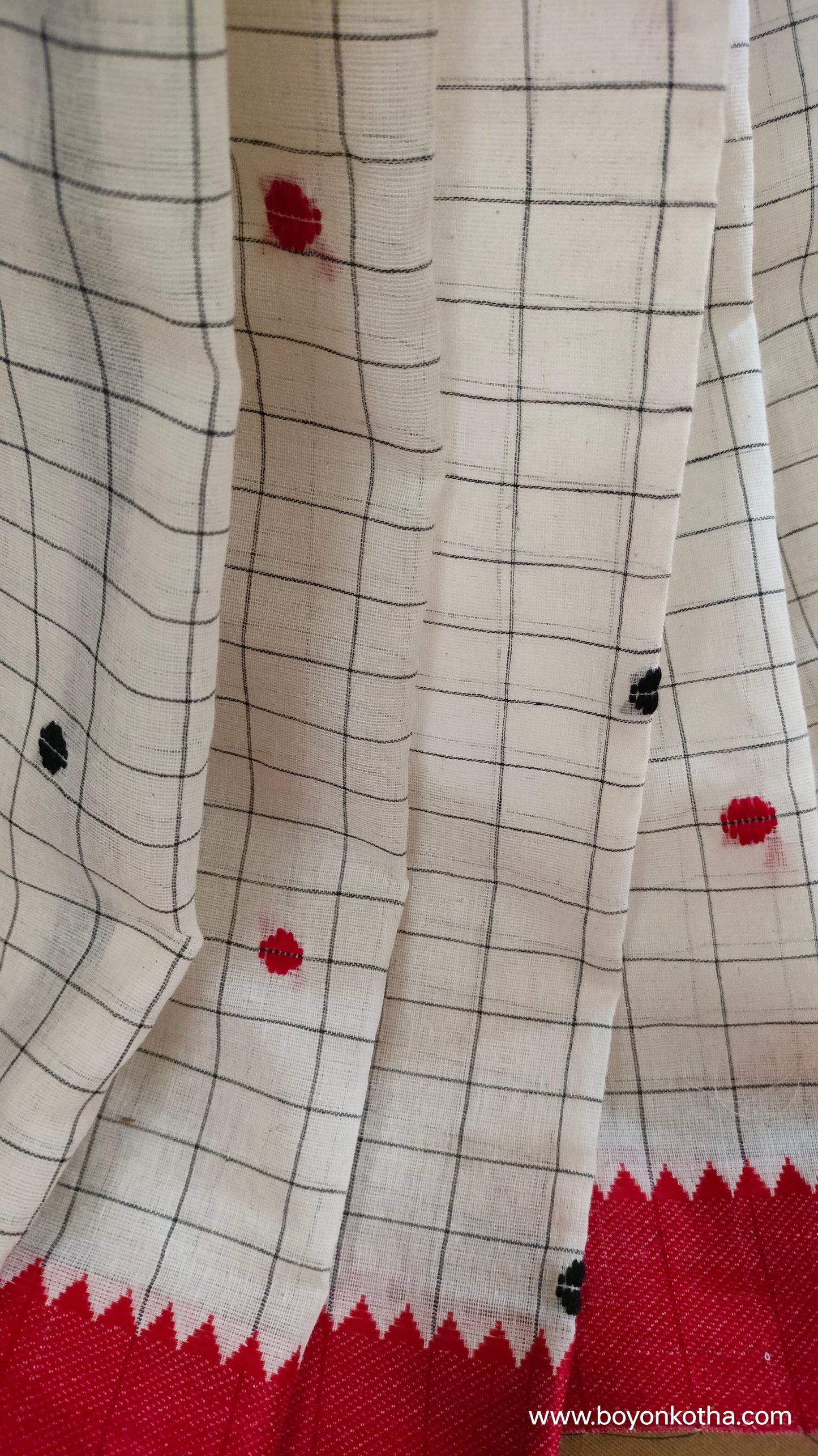Dots and Grids - Red and White Bengal Handloom Cotton Saree