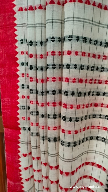 Dots and Grids - Red and White Bengal Handloom Cotton Saree
