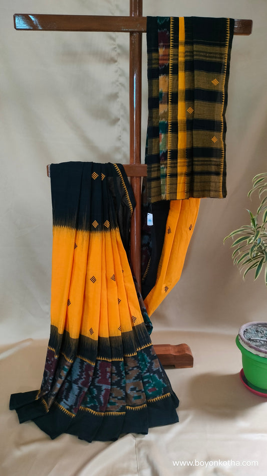 Sun & Shadow – Kacha Halud (Raw Turmeric Yellow) Dhonekhali Handloom Cotton Saree with Ikat Accents