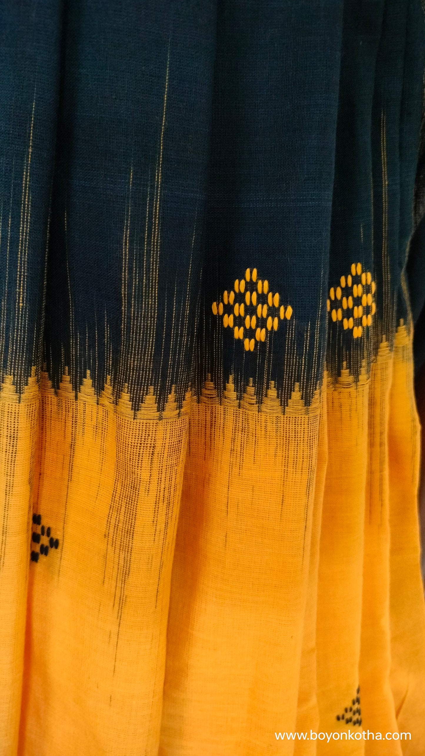Sun & Shadow – Kacha Halud (Raw Turmeric Yellow) Dhonekhali Handloom Cotton Saree with Ikat Accents