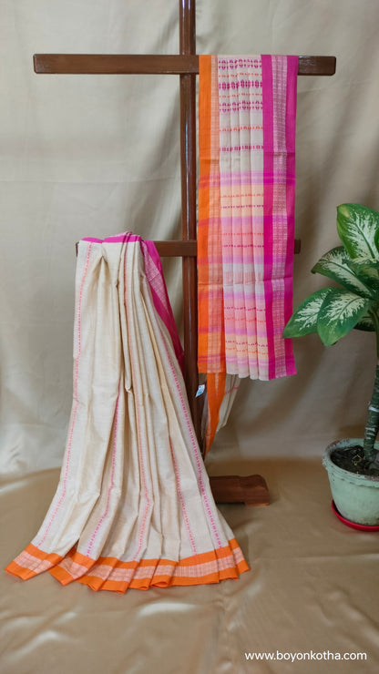 Candy Bloom in Threads - Beige Dhonekhali Handloom Cotton Saree with Pink & Orange Stripes
