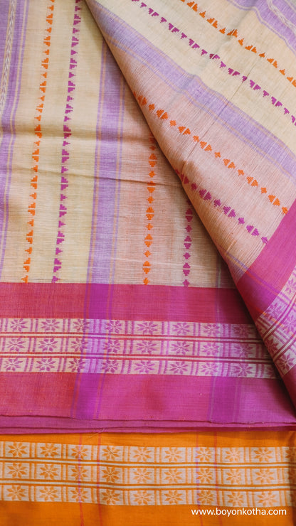 Candy Bloom in Threads - Beige Dhonekhali Handloom Cotton Saree with Pink & Orange Stripes