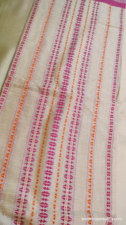 Candy Bloom in Threads - Beige Dhonekhali Handloom Cotton Saree with Pink & Orange Stripes