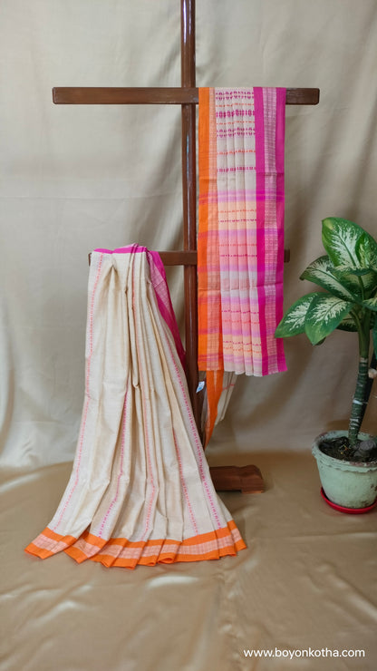 Candy Bloom in Threads - Beige Dhonekhali Handloom Cotton Saree with Pink & Orange Stripes