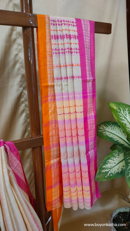Candy Bloom in Threads - Beige Dhonekhali Handloom Cotton Saree with Pink & Orange Stripes