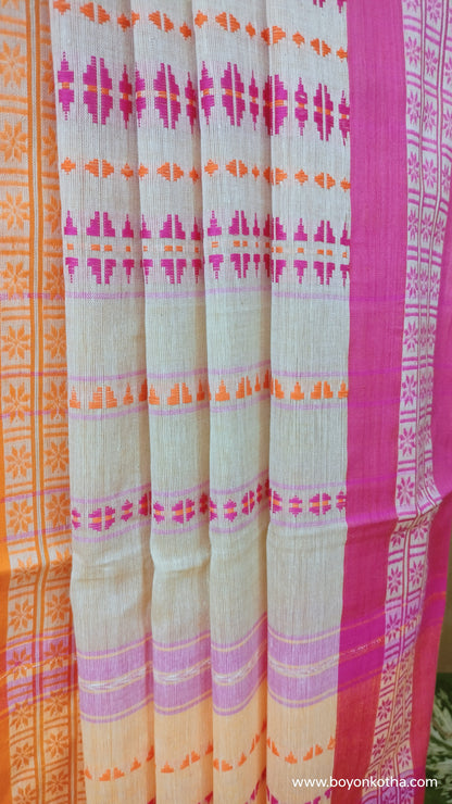 Candy Bloom in Threads - Beige Dhonekhali Handloom Cotton Saree with Pink & Orange Stripes