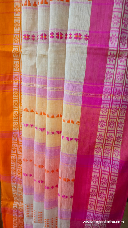 Candy Bloom in Threads - Beige Dhonekhali Handloom Cotton Saree with Pink & Orange Stripes