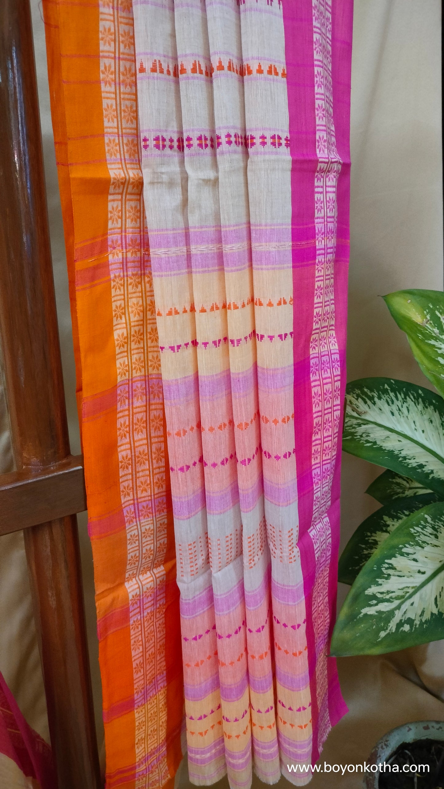 Candy Bloom in Threads - Beige Dhonekhali Handloom Cotton Saree with Pink & Orange Stripes