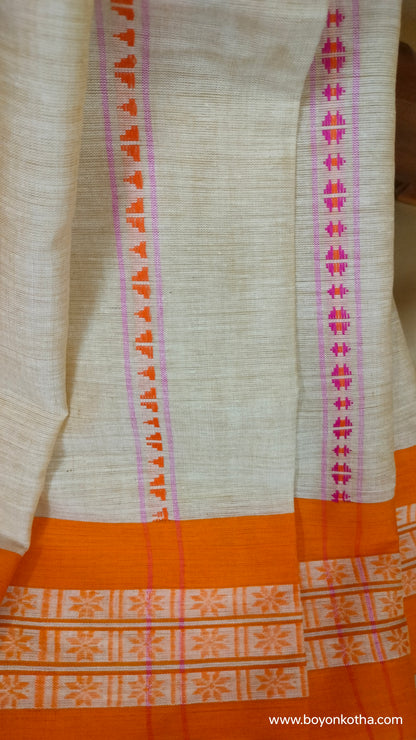 Candy Bloom in Threads - Beige Dhonekhali Handloom Cotton Saree with Pink & Orange Stripes