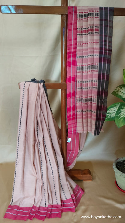 Rhythm in Sand - Beige Dhonekhali Handloom Cotton Saree with Red and Black Woven Stripes