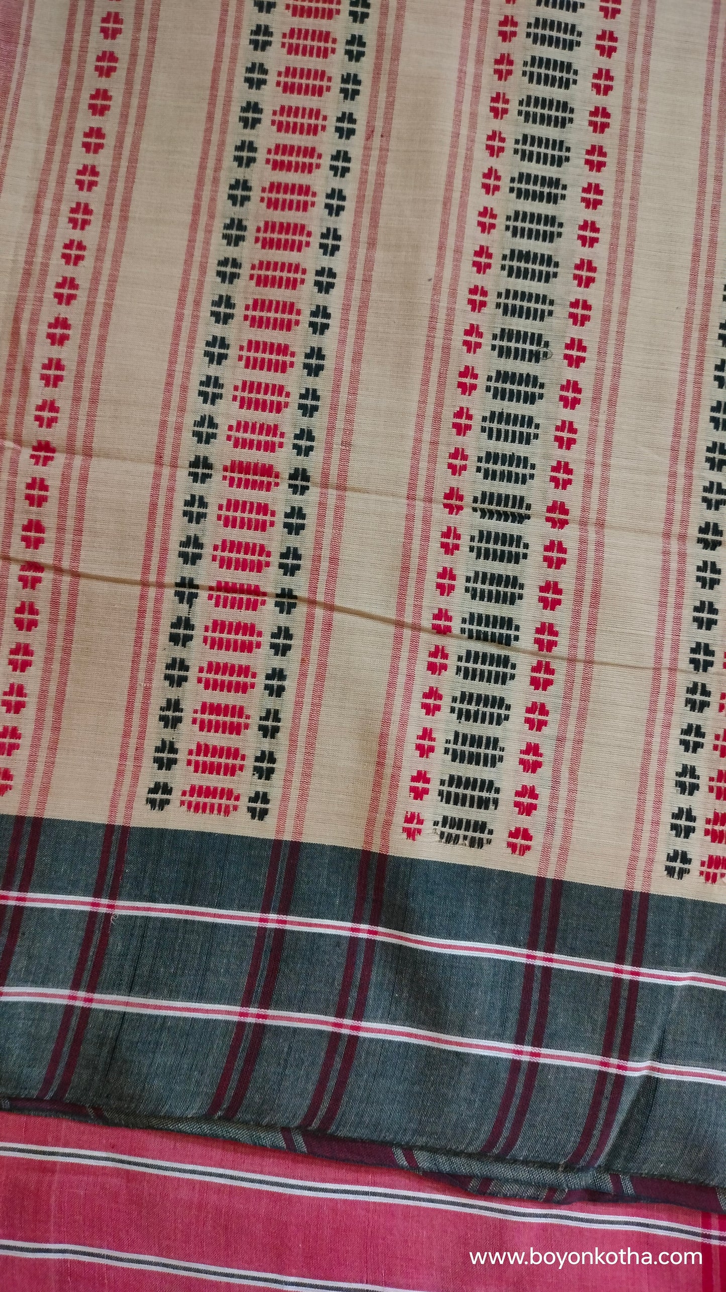 Rhythm in Sand - Beige Dhonekhali Handloom Cotton Saree with Red and Black Woven Stripes