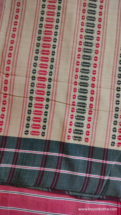 Rhythm in Sand - Beige Dhonekhali Handloom Cotton Saree with Red and Black Woven Stripes